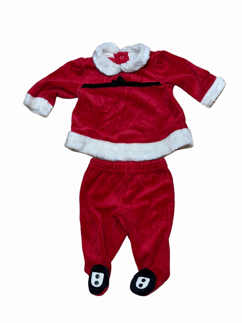 First Moments Layette Baby 0-3M Santa Red Velour Christmas 2 Piece Footed Set